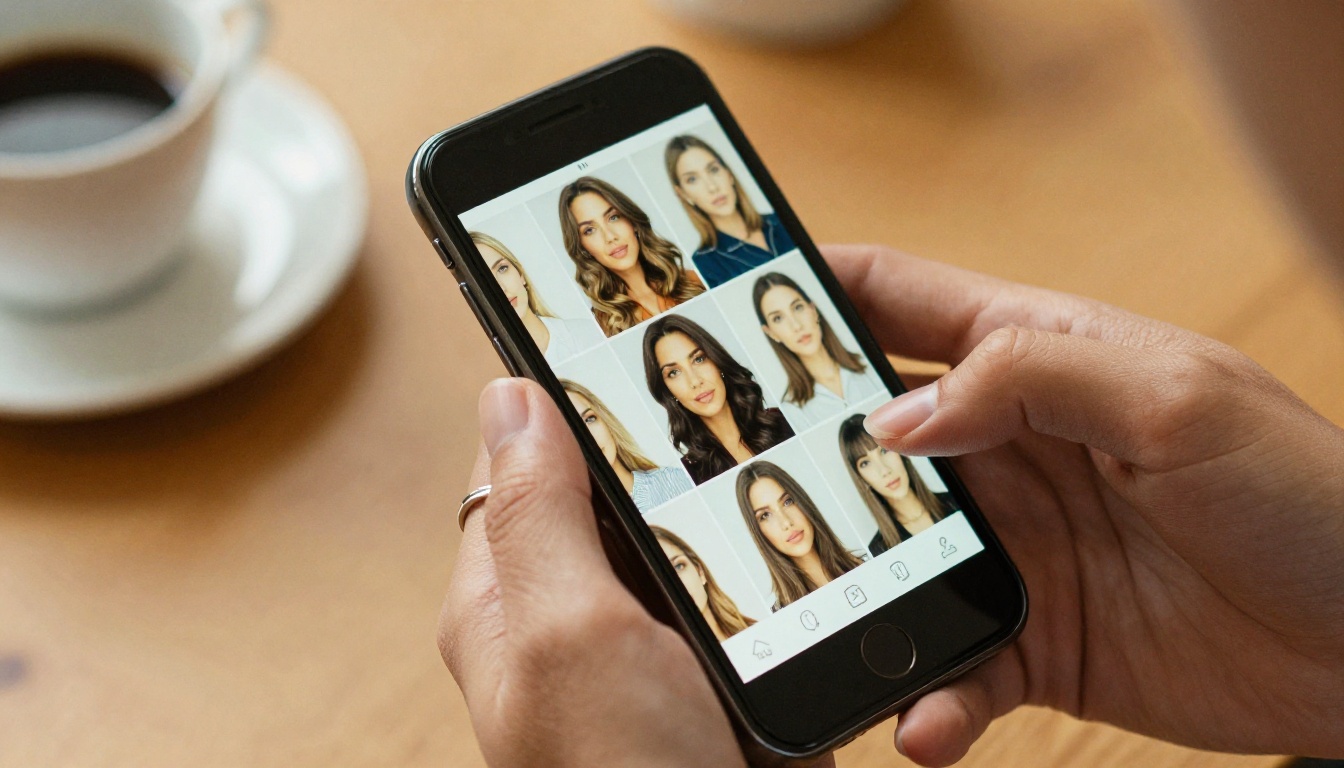 Close-up of hands holding a smartphone showing a grid of AI-generated hairstyle portraits