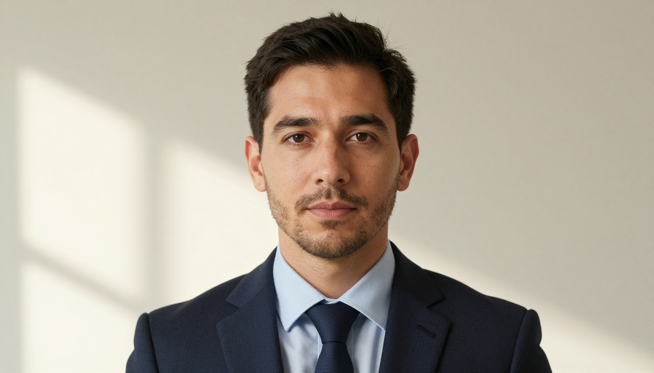 Professional man in navy suit with clean corporate headshot