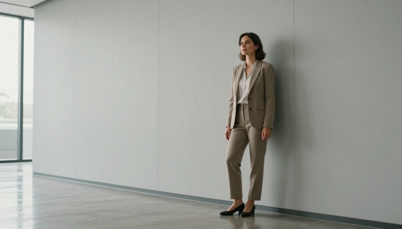 Professional woman standing with authority against office wall