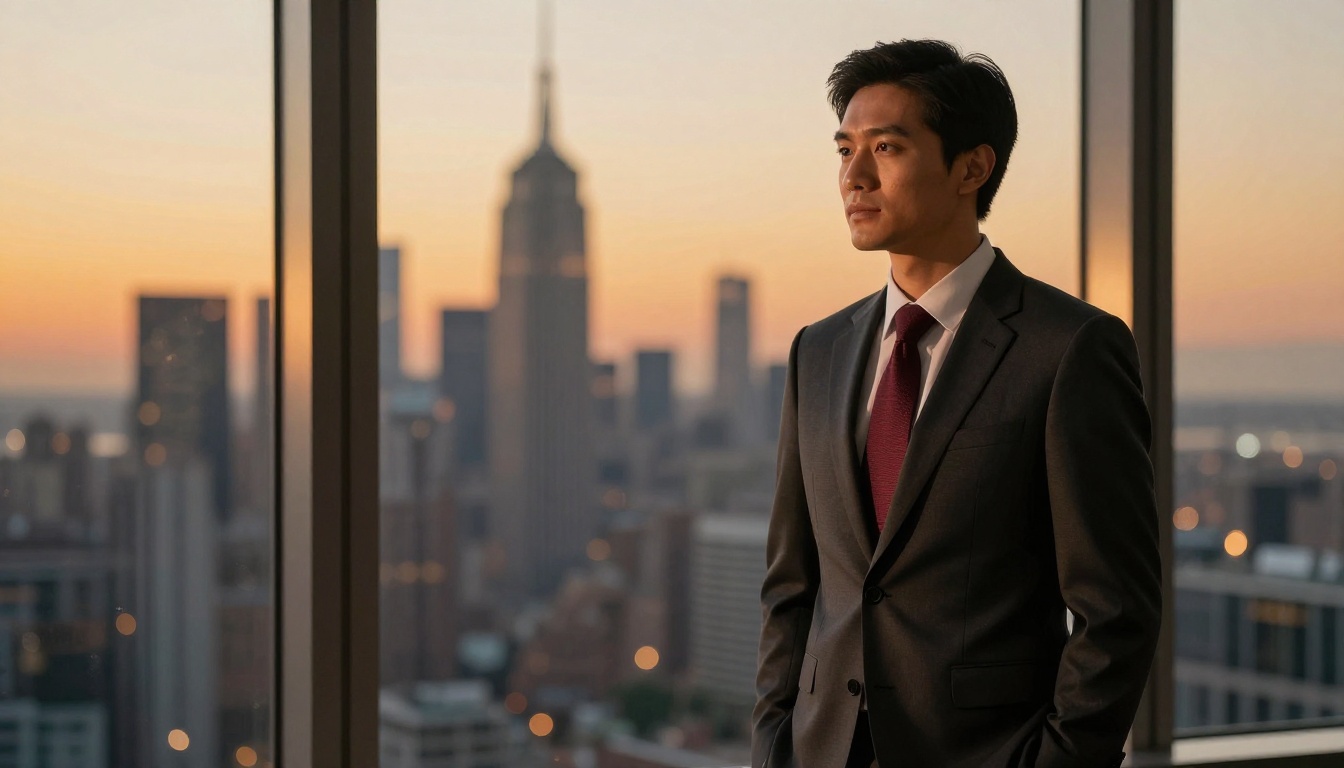 Professional corporate portrait with city skyline bokeh background