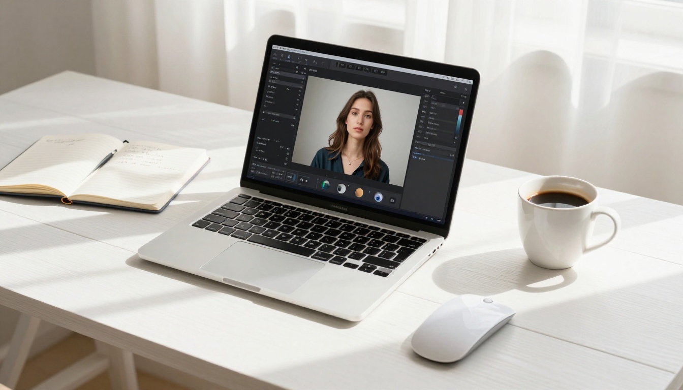 Laptop with AI photo editing interface and workspace flat lay
