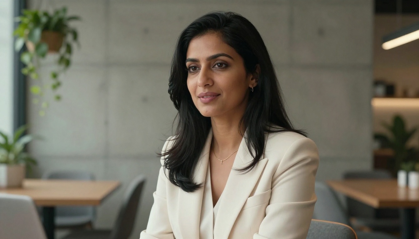 Professional woman in co-working space, confident corporate portrait
