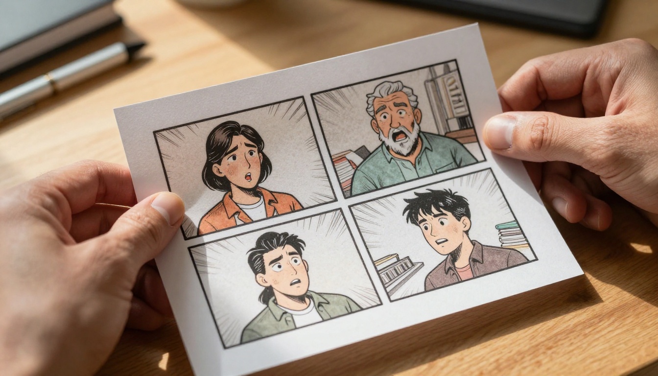 Close-up of hands holding a printed comic strip with four vibrant AI-generated panels