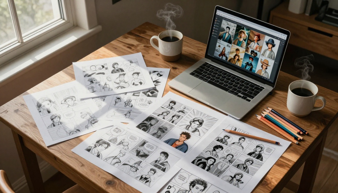 Aerial view of a drafting table covered in comic sketches, colored pencils, and an open laptop