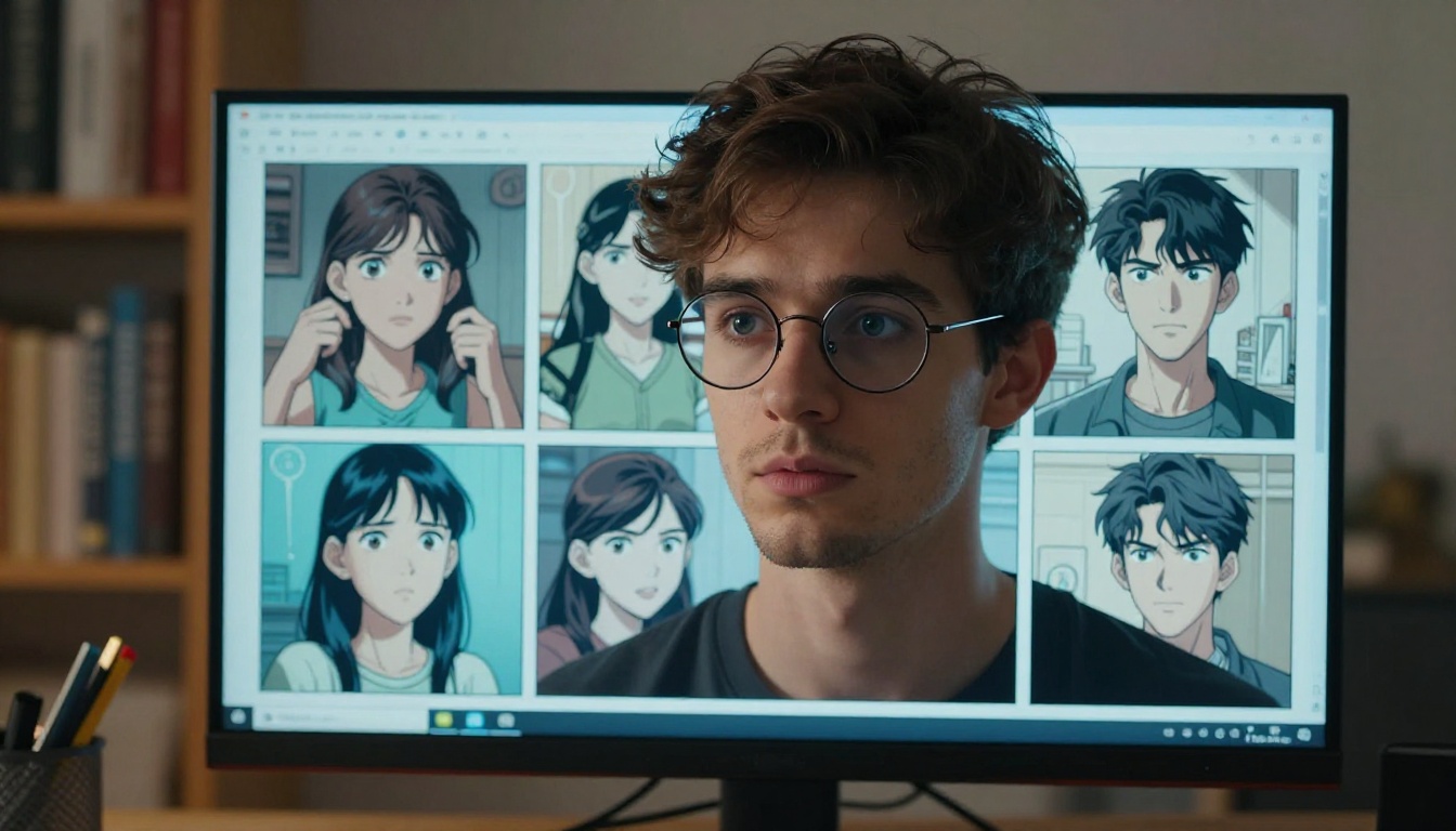 Man with round glasses leaning toward a monitor showing a six-panel AI-generated comic grid