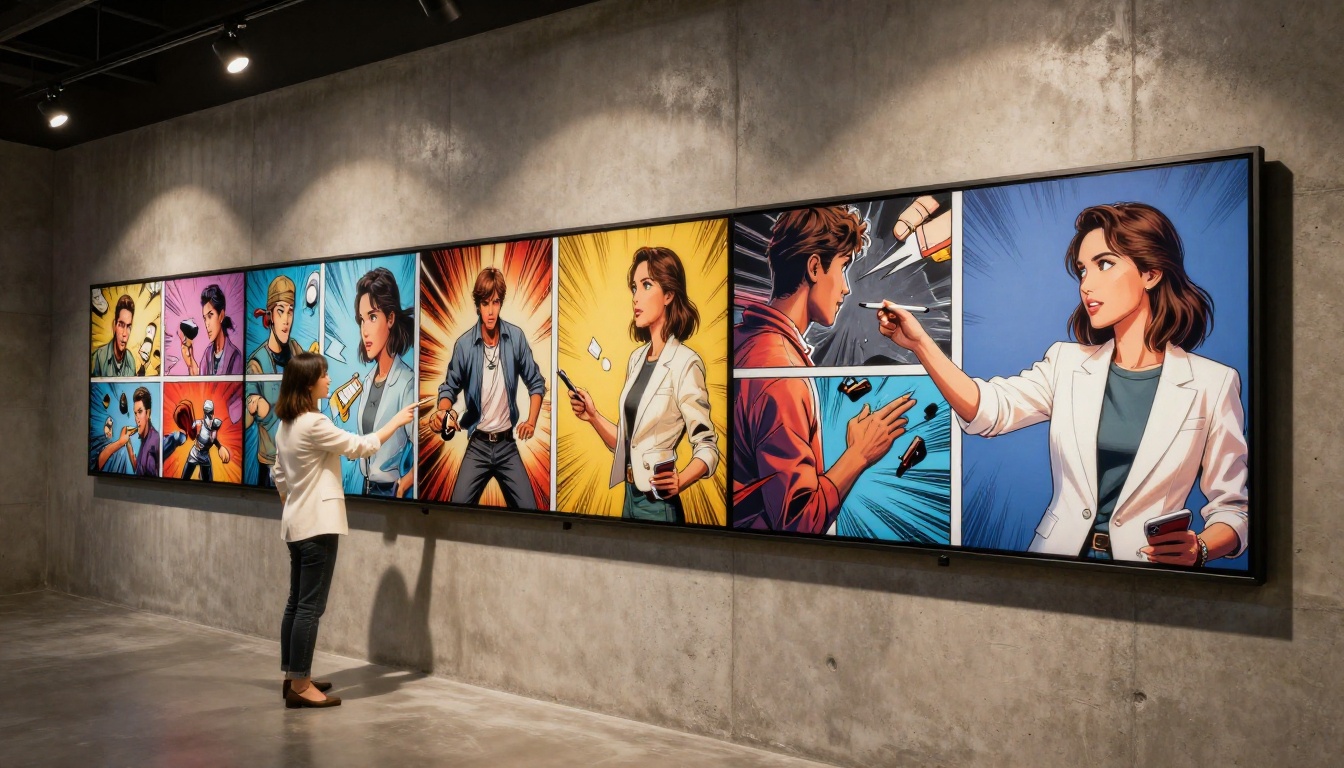 Creative director standing in front of a large LED display showing an AI-generated six-panel comic sequence