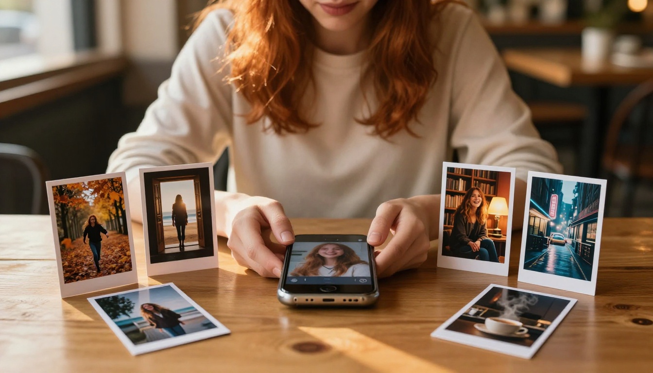 Woman at sunlit cafe with storyboard scene cards arranged around her smartphone