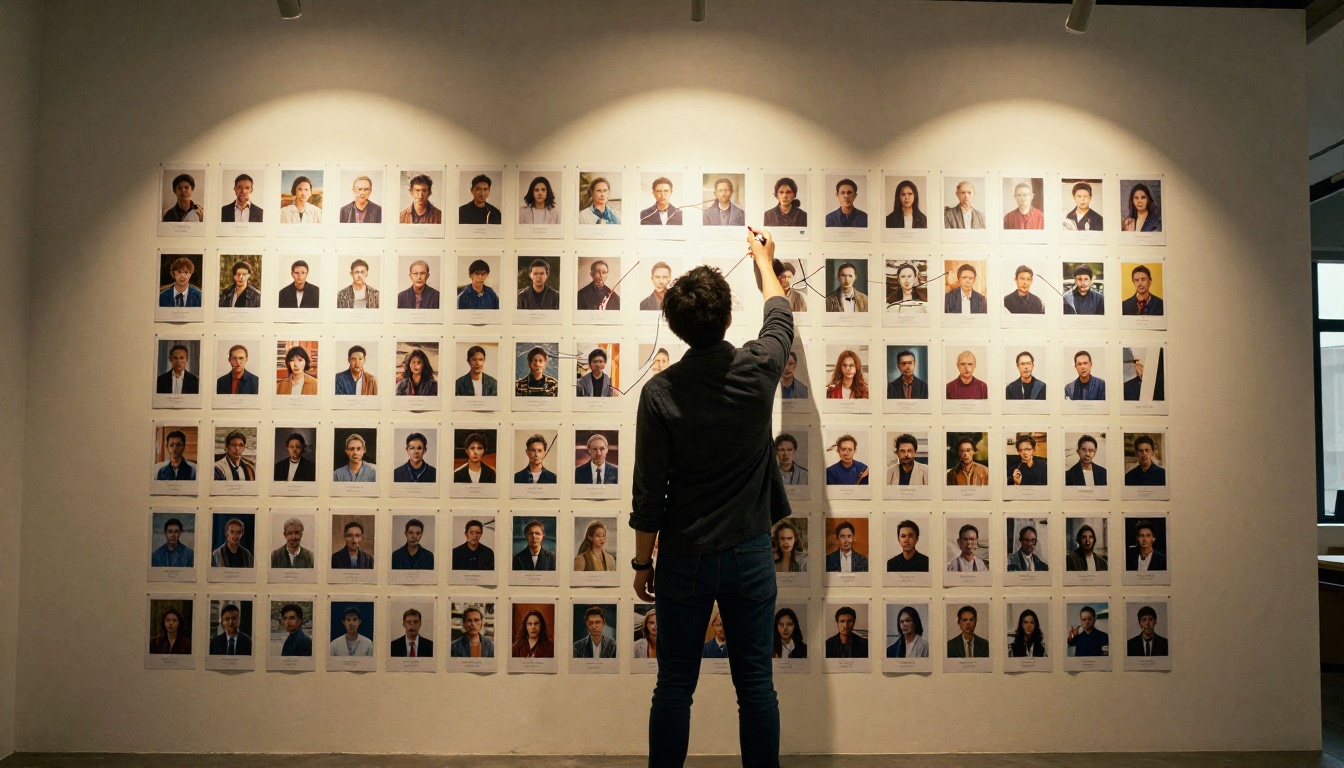 Creative director at pinboard wall organizing printed storyboard frames with colored string