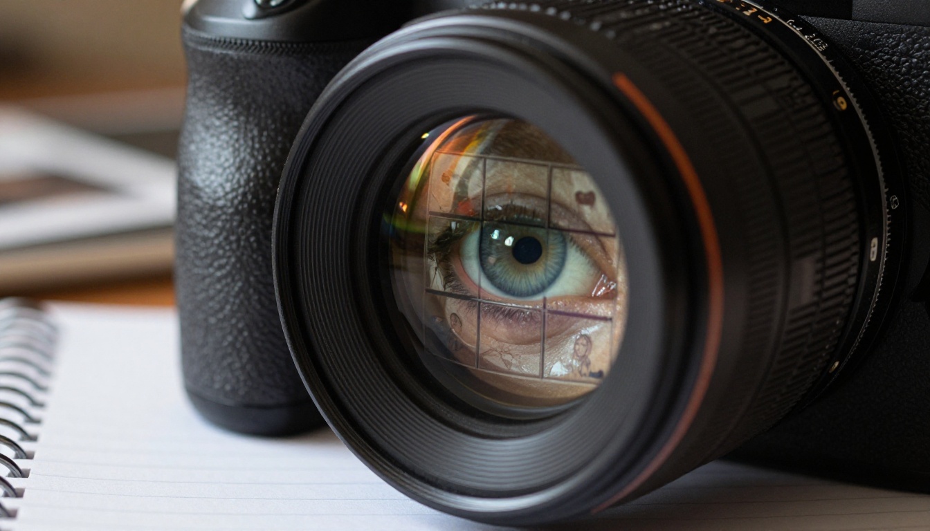 Macro close-up of photographer's eye reflected in a camera viewfinder showing storyboard frames Macro close-up of photographer's eye reflected in a camera viewfinder showing storyboard frames