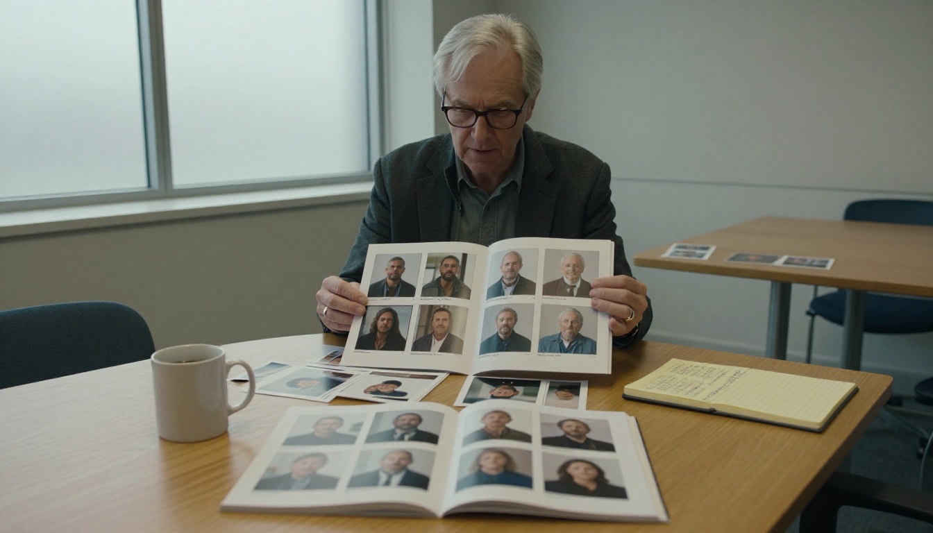Film director with silver hair reviewing printed storyboard booklet at conference table Film director with silver hair reviewing printed storyboard booklet at conference table