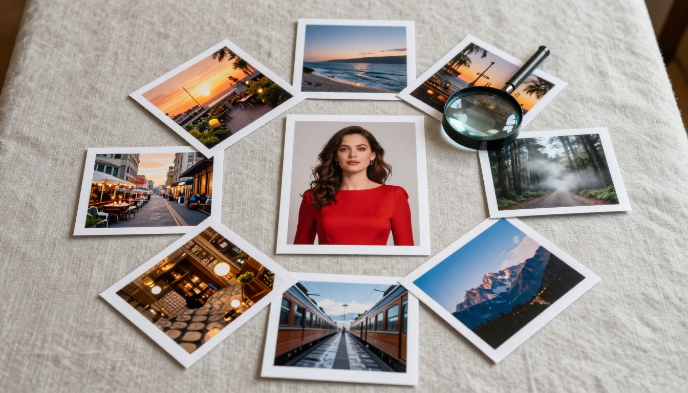 Flat lay of storyboard scene cards arranged radially around a central portrait photo Flat lay of storyboard scene cards arranged radially around a central portrait photo