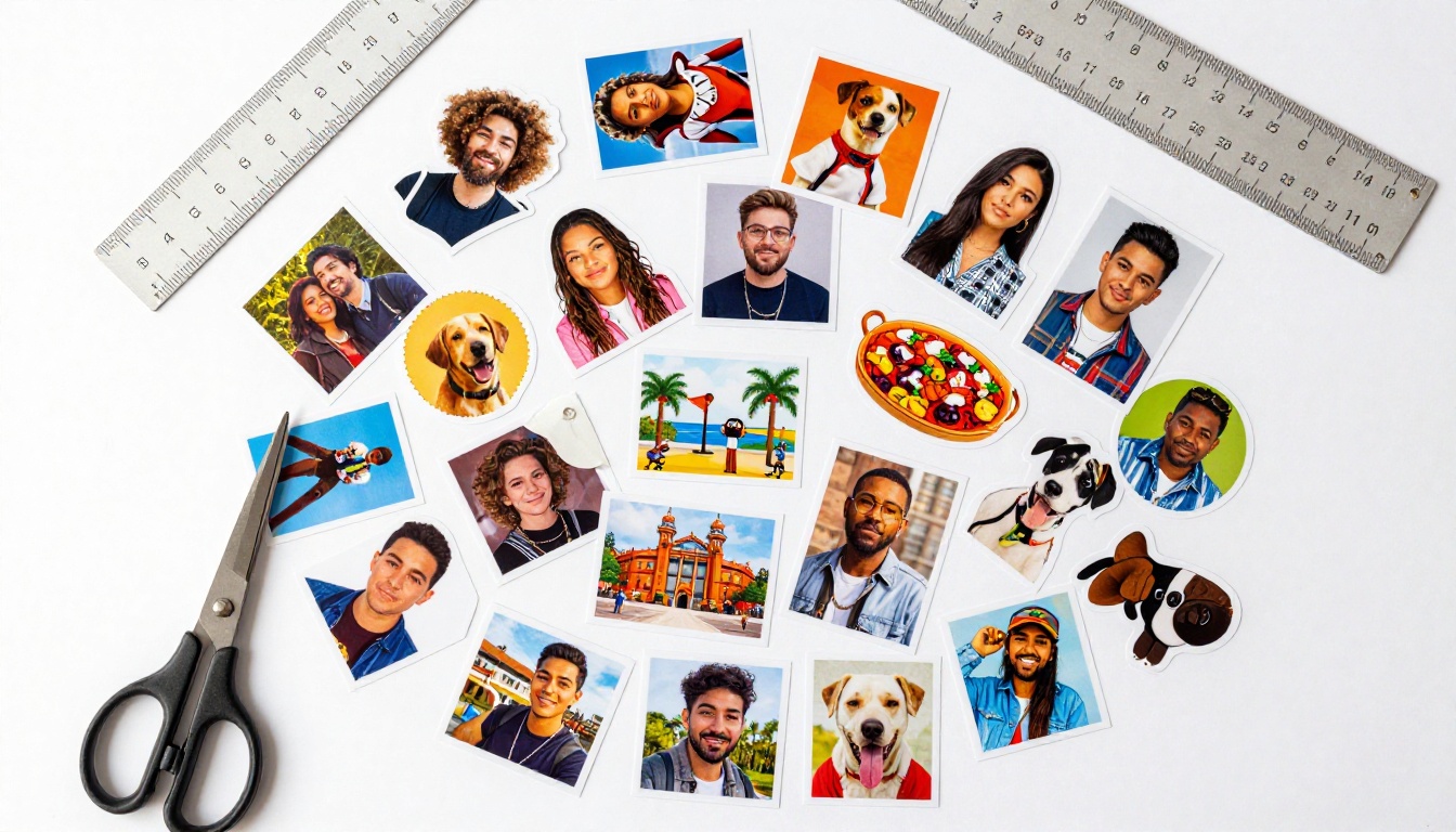 Aerial flat lay of vibrant custom photo stickers on a white surface with craft supplies