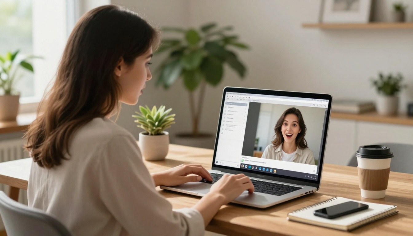 Woman looking at laptop screen comparing low-resolution and AI-upscaled photo versions