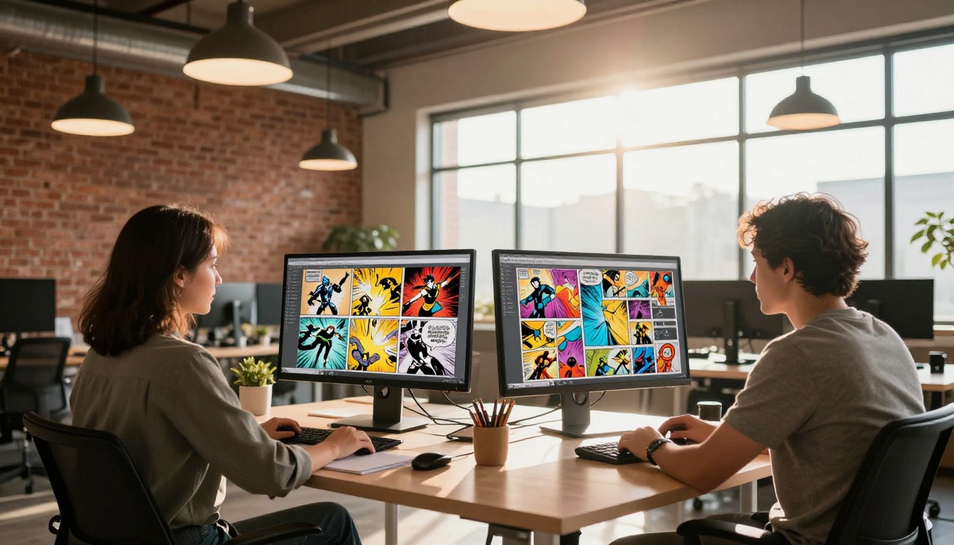 Two professionals in a co-working space reviewing AI-generated comic book pages on widescreen monitors