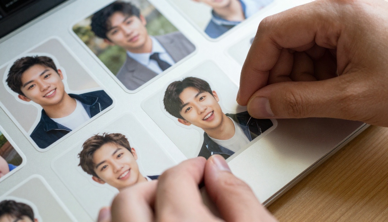 Hands peeling a custom photo sticker from backing sheet onto a MacBook laptop lid Hands peeling a custom photo sticker from backing sheet onto a MacBook laptop lid