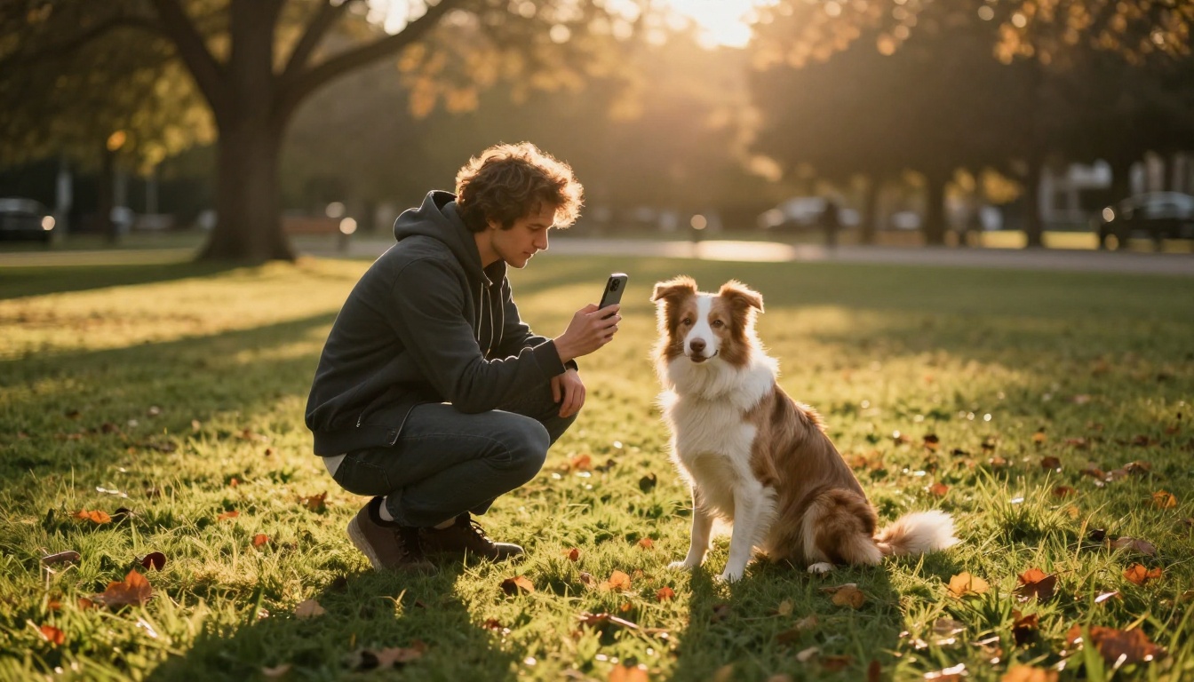 Man crouching to photograph his dog in a park during golden hour light