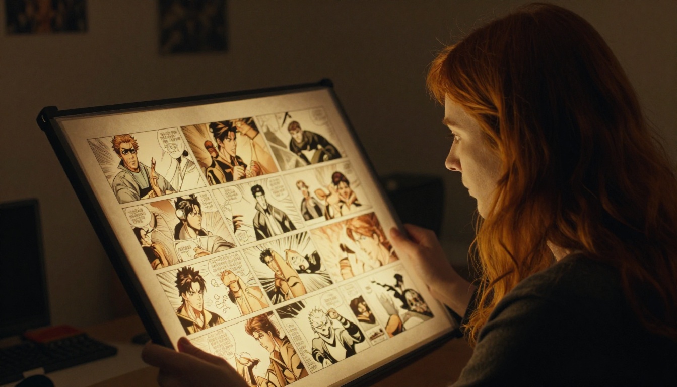 Artist reviewing AI-generated comic panels on a backlit lightbox, each panel glowing warmly from underneath