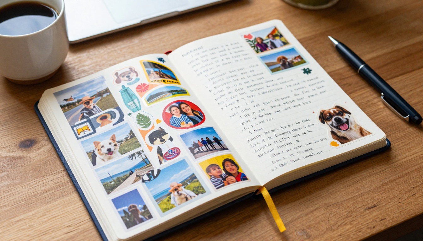 Journal notebook covered with custom photo stickers of travel memories and pet portraits Journal notebook covered with custom photo stickers of travel memories and pet portraits