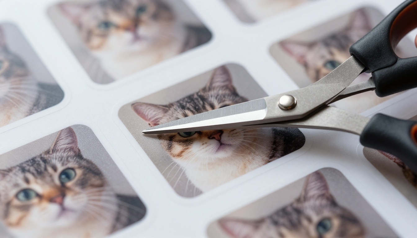 Hands cutting a vinyl sticker sheet with scissors following a precise die-cut border Hands cutting a vinyl sticker sheet with scissors following a precise die-cut border