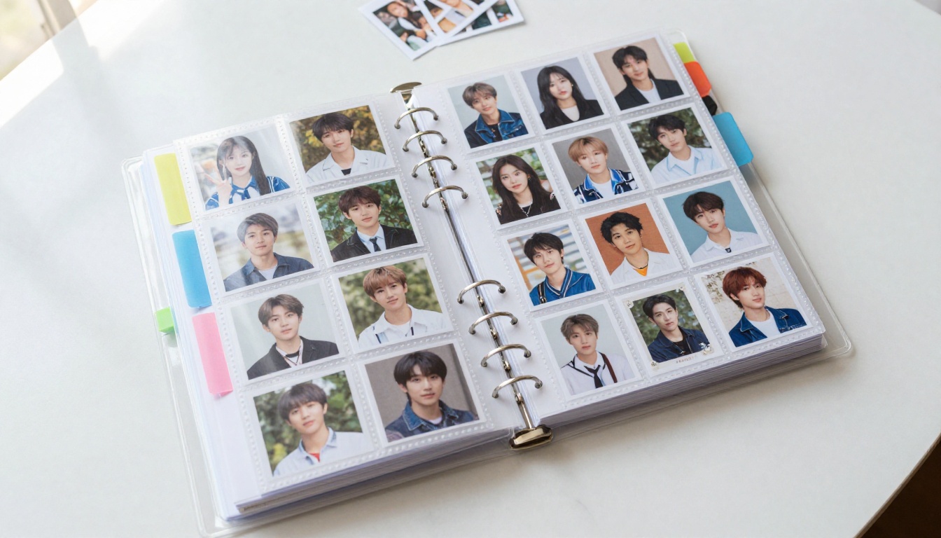 Open sticker collection album with custom photo stickers organized in clear plastic pockets Open sticker collection album with custom photo stickers organized in clear plastic pockets