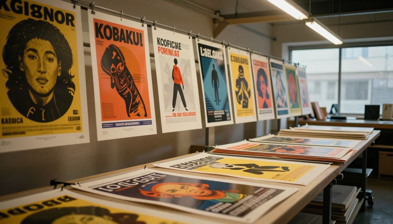 Professional print shop interior with freshly printed colorful posters drying on racks