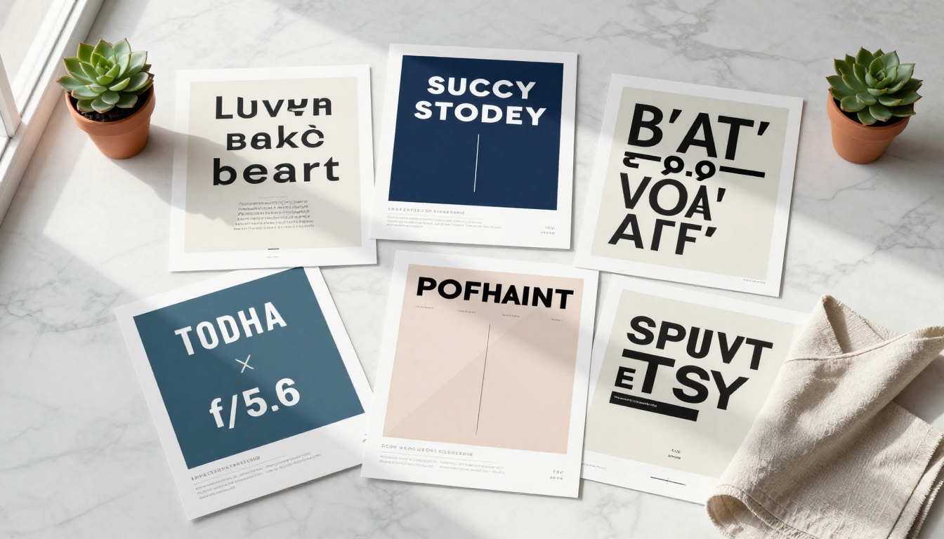 Six different poster designs spread in a flat-lay arrangement on white marble surface Six different poster designs spread in a flat-lay arrangement on white marble surface