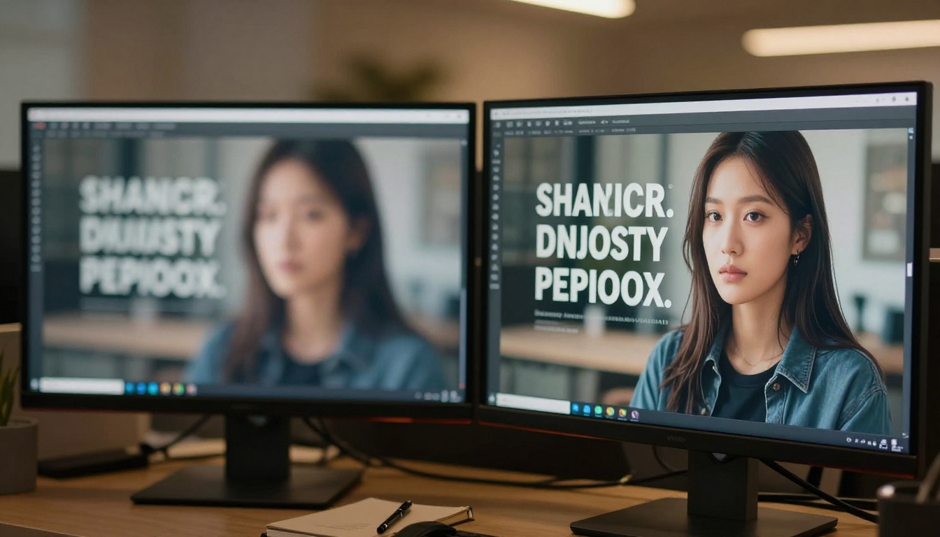 Dual monitor comparison showing blurry AI poster text on left and crisp sharp text on right Dual monitor comparison showing blurry AI poster text on left and crisp sharp text on right