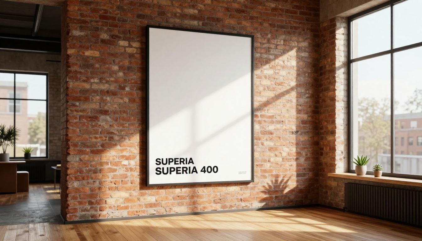Minimalist product launch poster mounted on exposed brick wall in a modern loft space Minimalist product launch poster mounted on exposed brick wall in a modern loft space