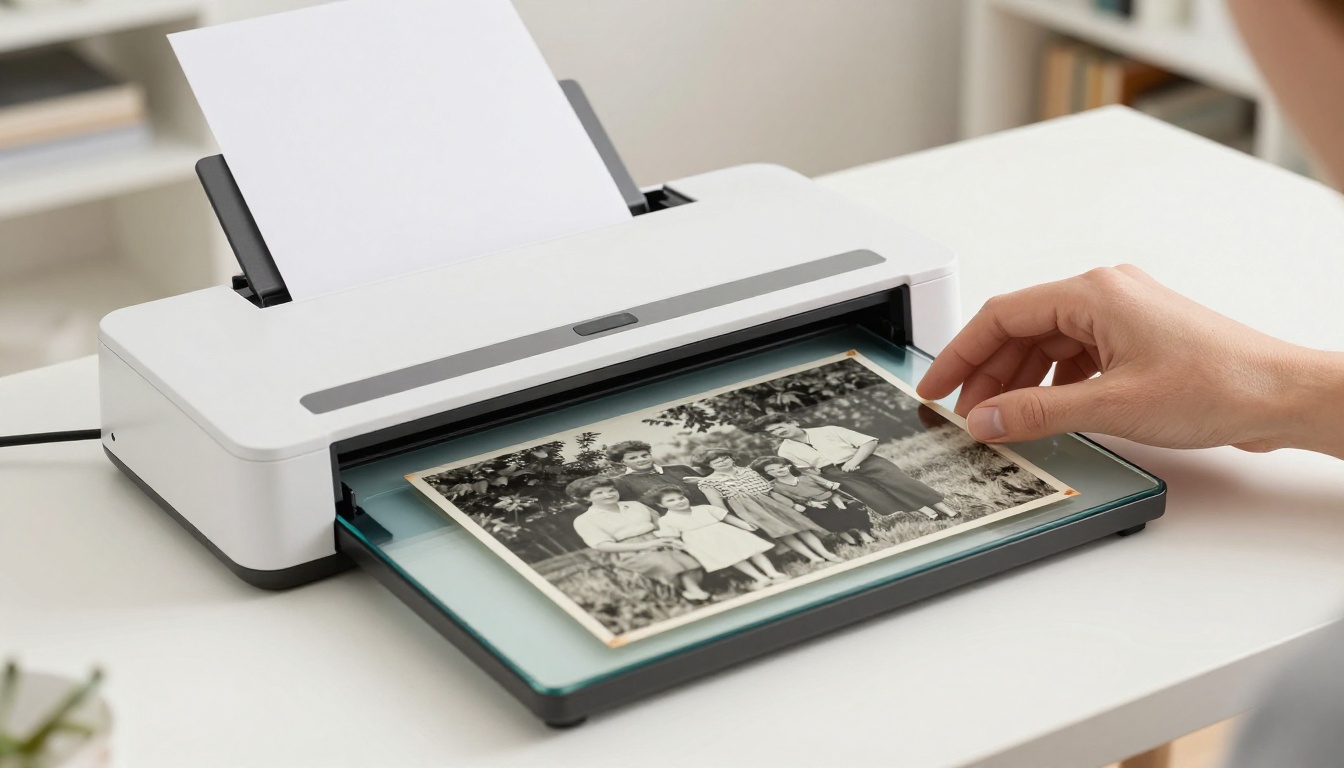 A flatbed scanner on a desk with an old family photograph being placed on the glass surface