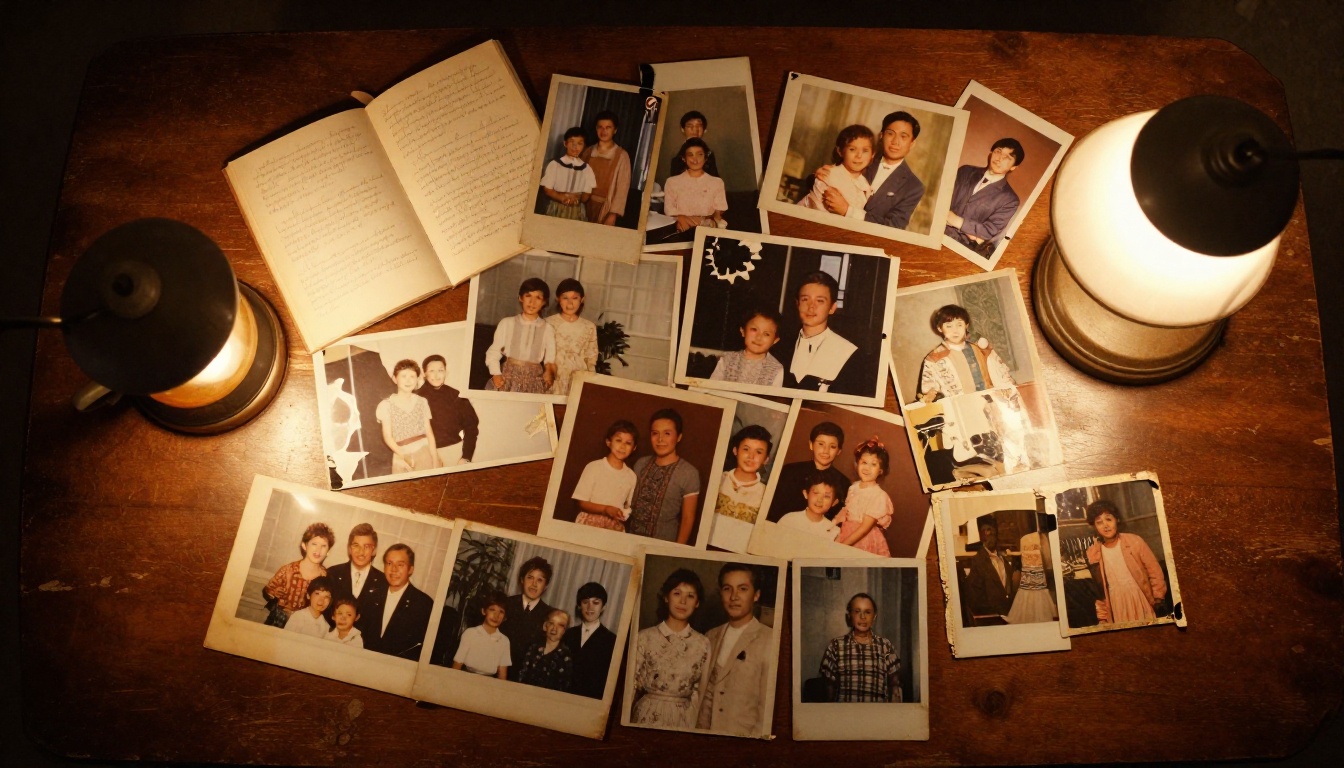A collection of old family photographs from different decades spread on a wooden table