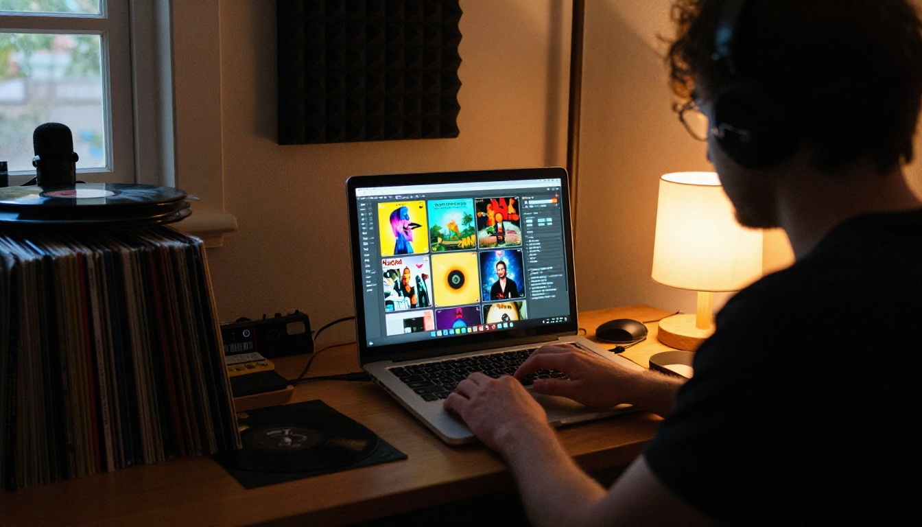 Musician in home studio browsing AI-generated album art on laptop screen, surrounded by vinyl records and acoustic foam panels