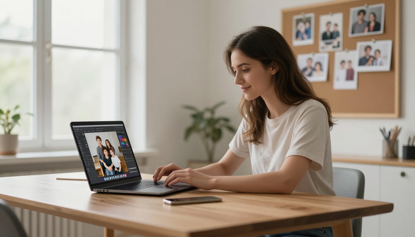 A young woman using a laptop to restore old family photos with AI at a bright home desk