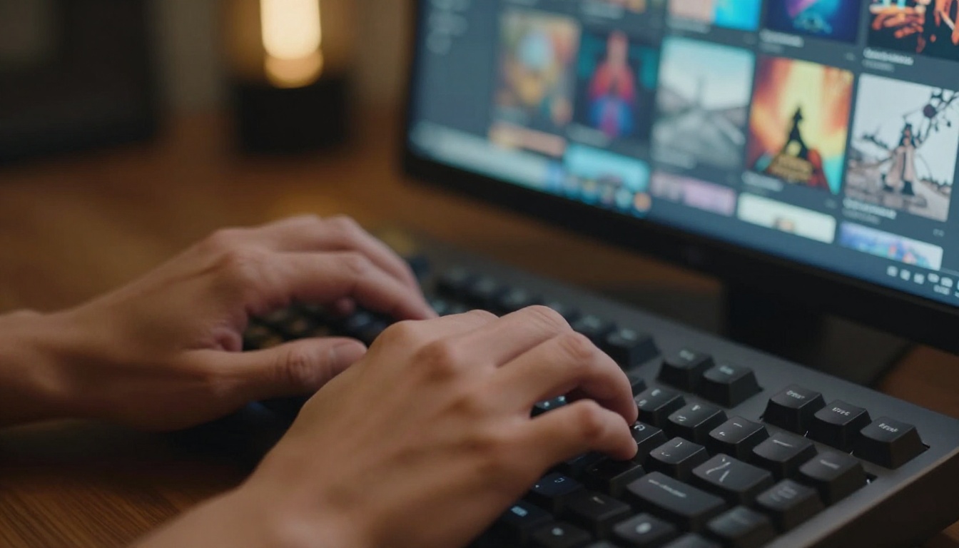 Hands typing on a mechanical keyboard with an AI image generation interface showing colorful album art thumbnails on monitor behind