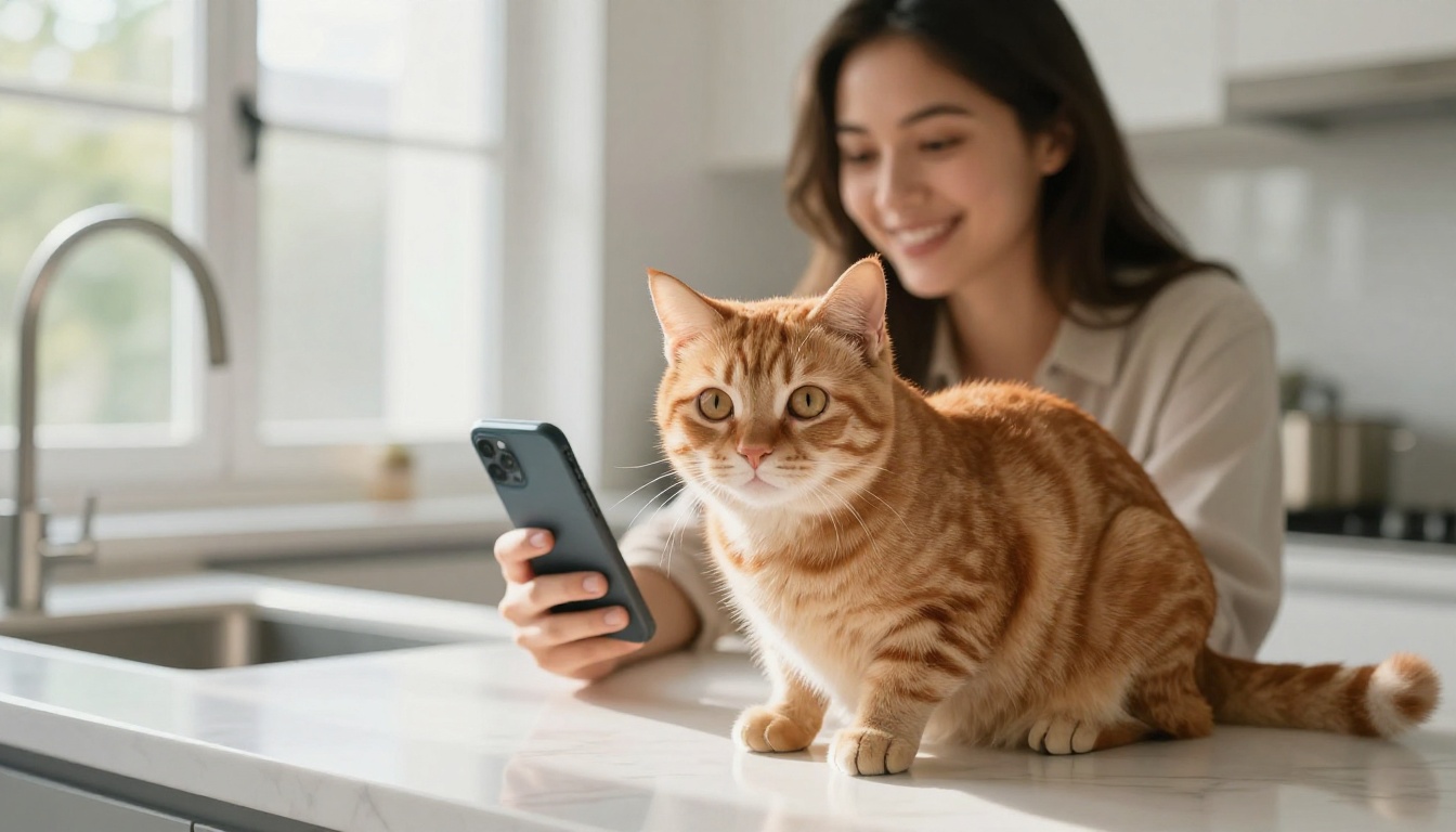 Woman using smartphone to photograph her cat for AI cartoon conversion
