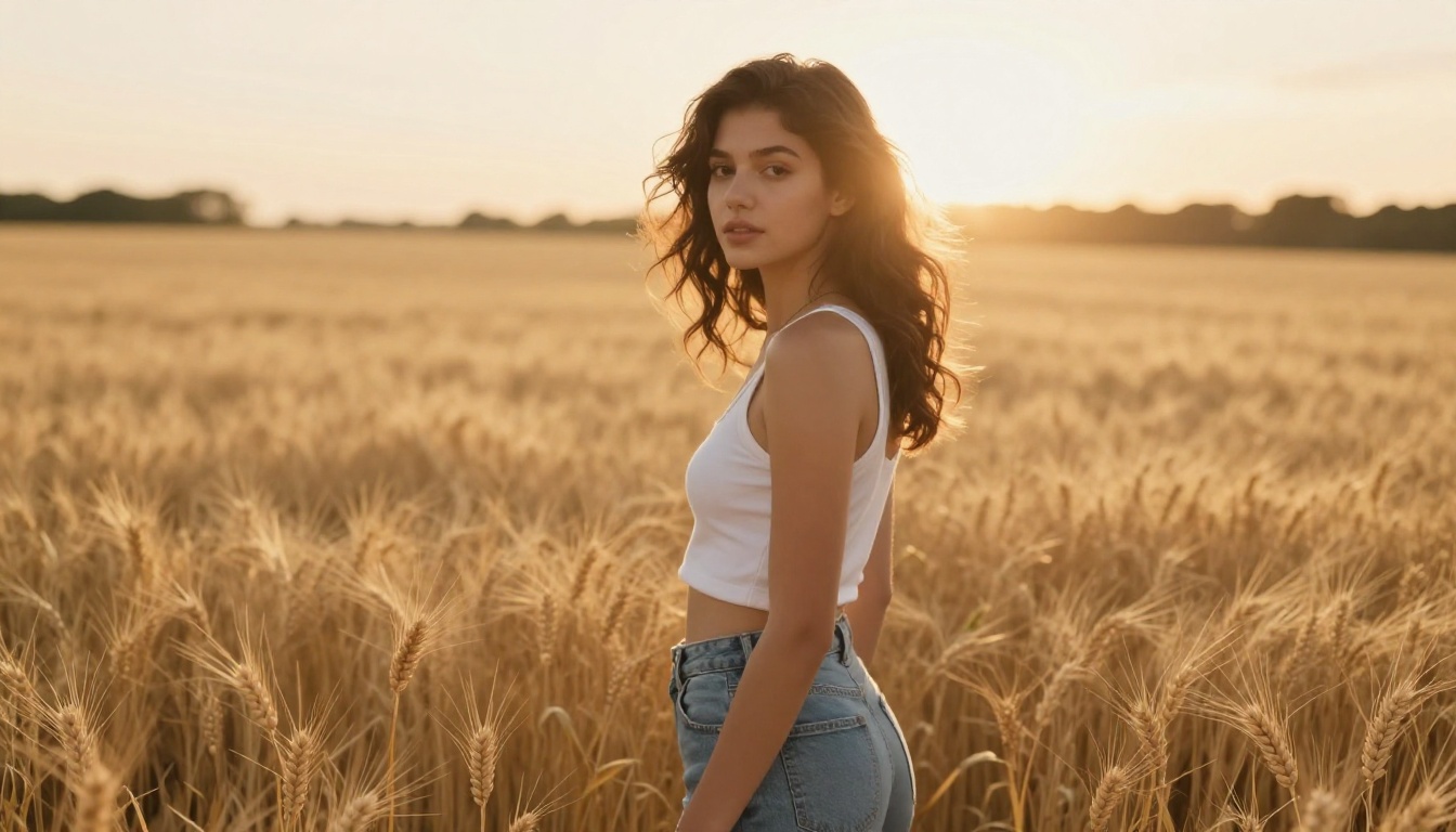 Young woman in golden wheat field at magic hour, cinematic album cover aesthetic with soft backlight and natural Kodak film grain