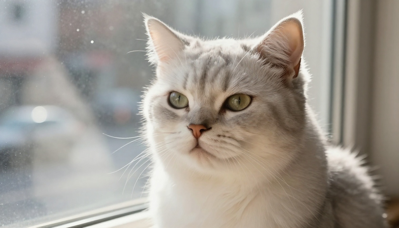 White fluffy cat sitting on a windowsill in soft morning light