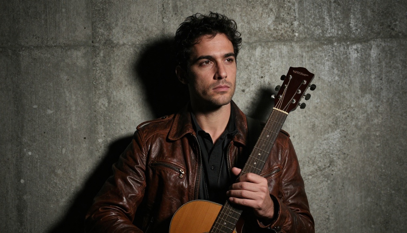 Moody portrait of a male musician with dramatic single-source side lighting against rough concrete wall, holding an acoustic guitar