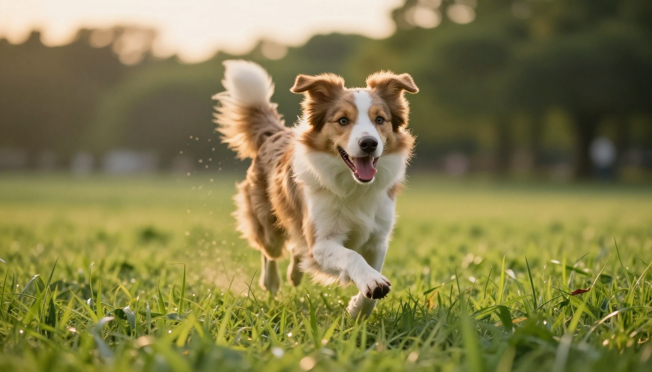 Border collie running through a park in golden afternoon light