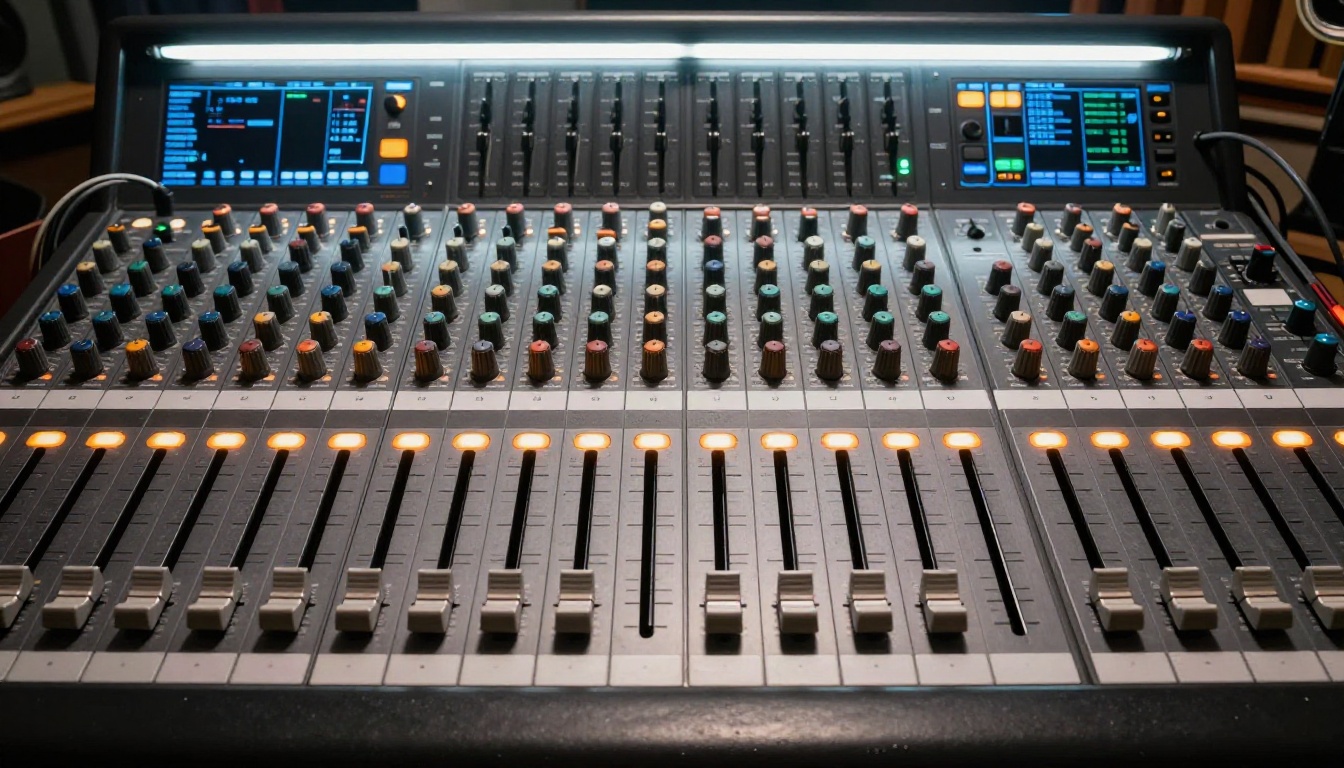 Professional SSL mixing console aerial view with warm orange LED accent lights, sharp fader and knob detail, authentic recording studio environment