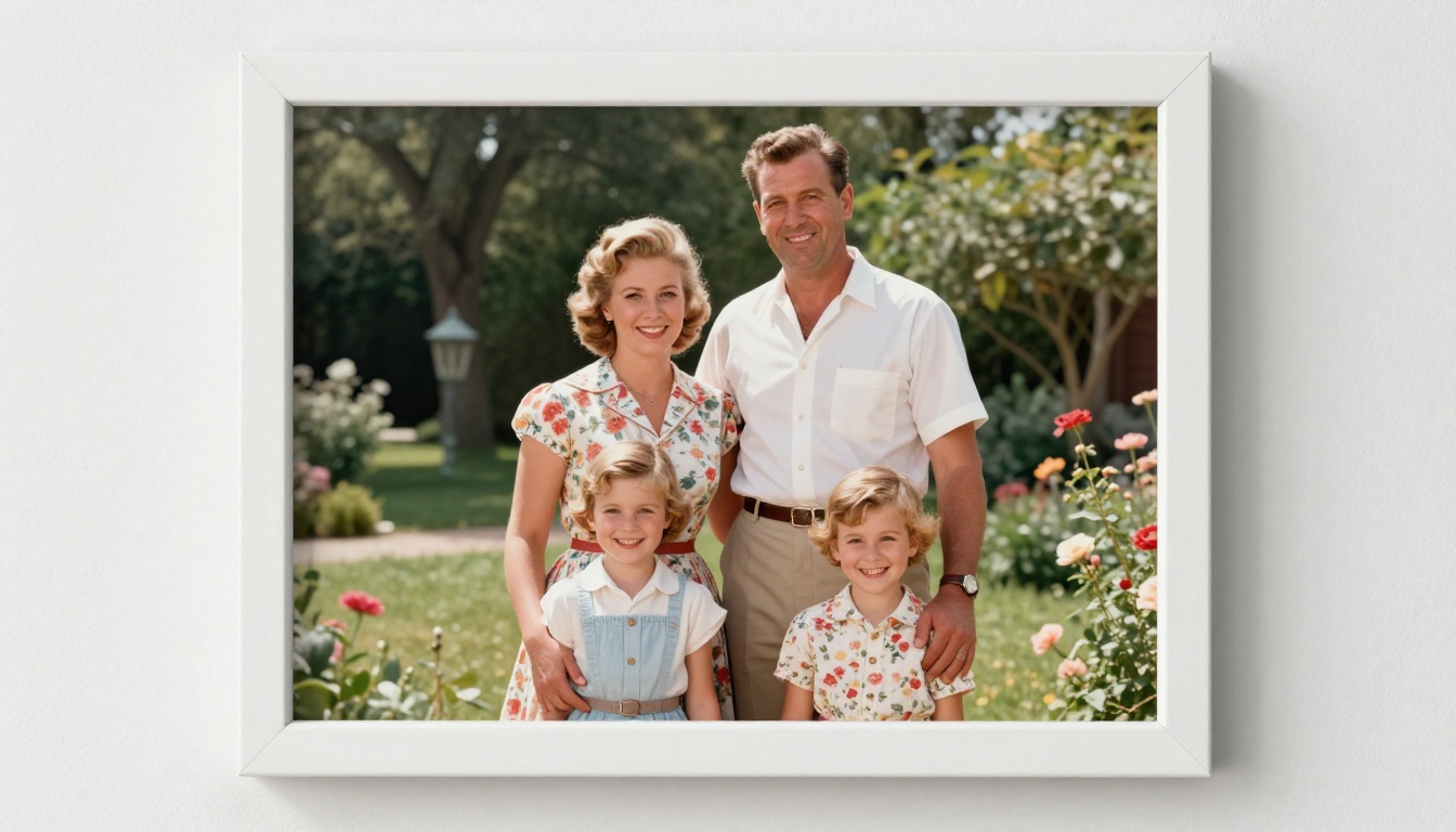 A beautifully restored and colorized 1950s family photograph framed on a clean white wall A beautifully restored and colorized 1950s family photograph framed on a clean white wall
