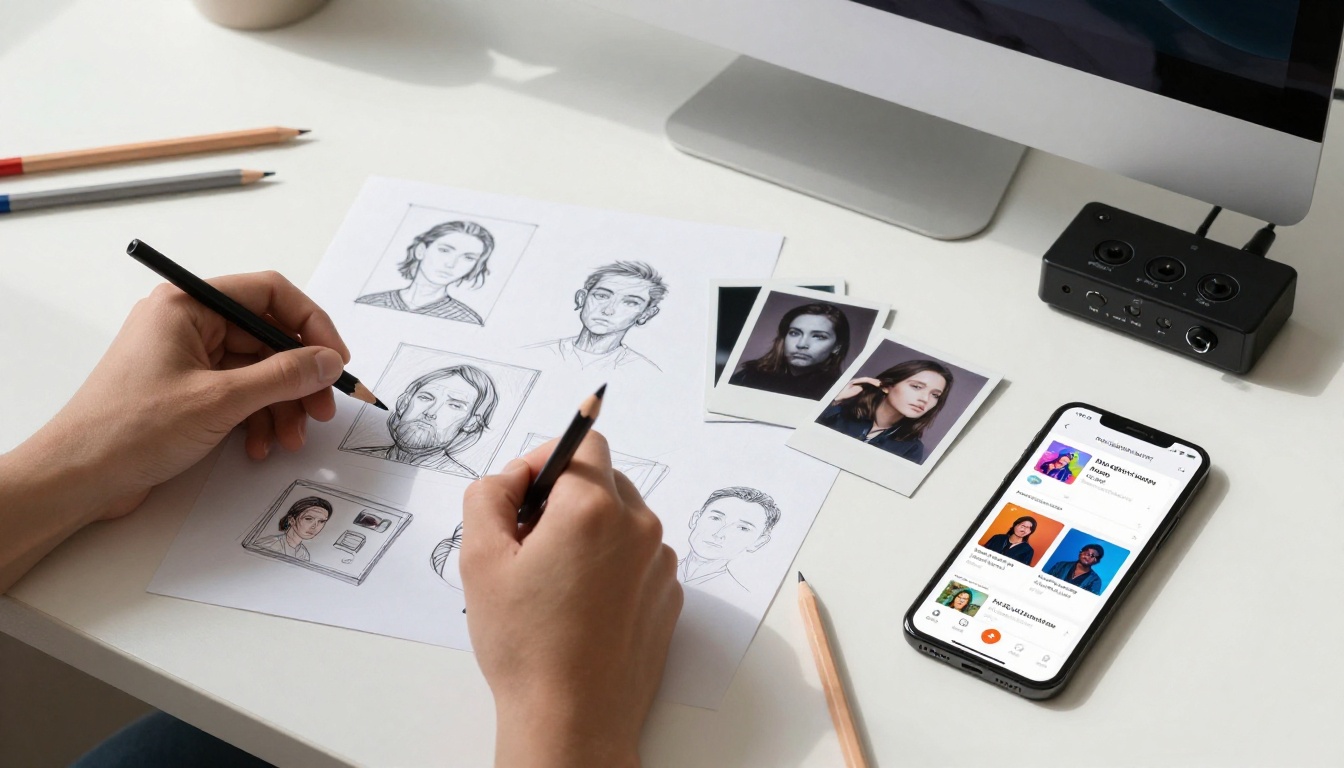 Creative music workspace flat lay with sketched album concepts, color pencils, Polaroid photos, USB audio interface, and smartphone showing AI art app