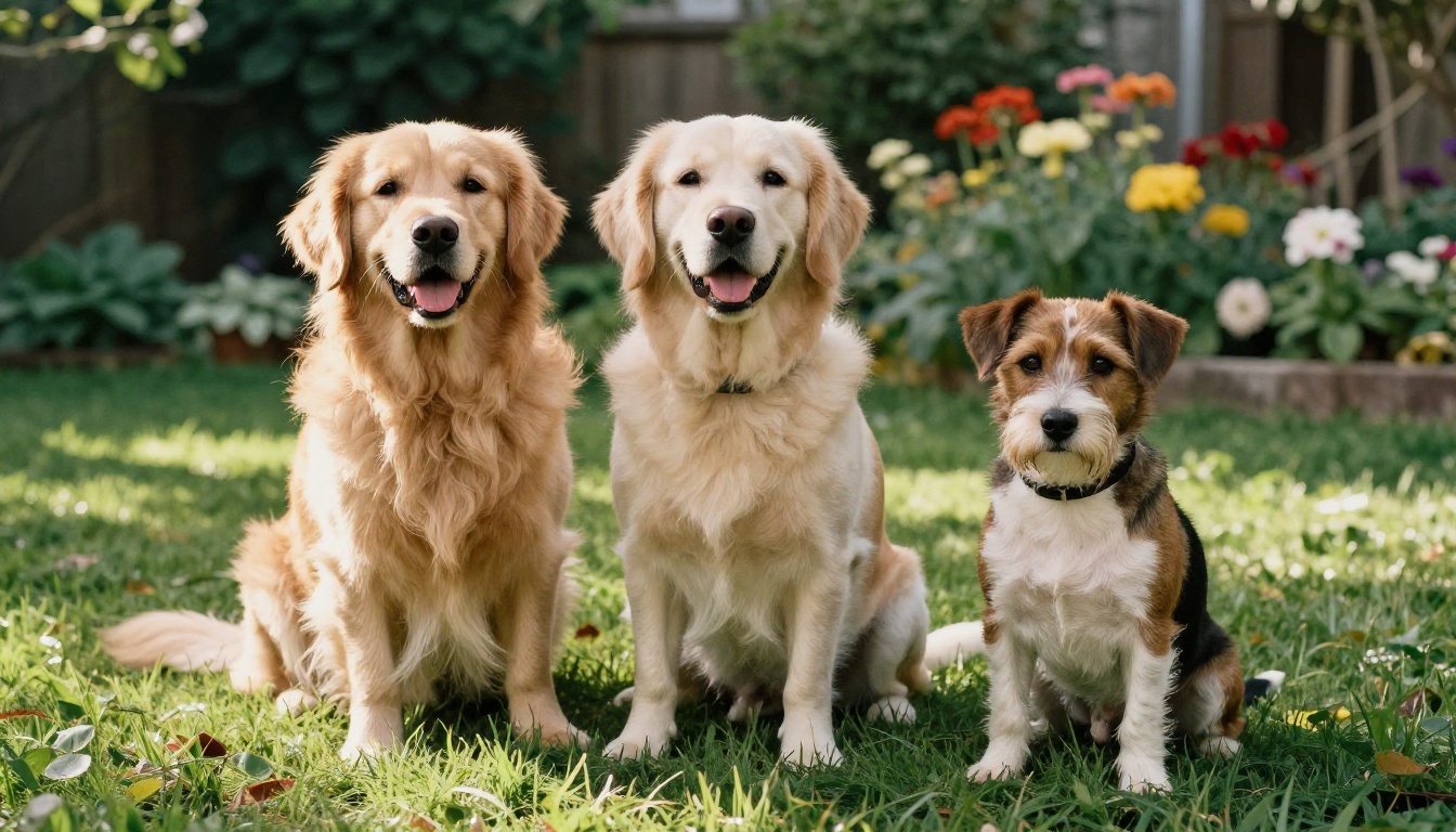 Three dogs sitting together on a sunlit garden lawn