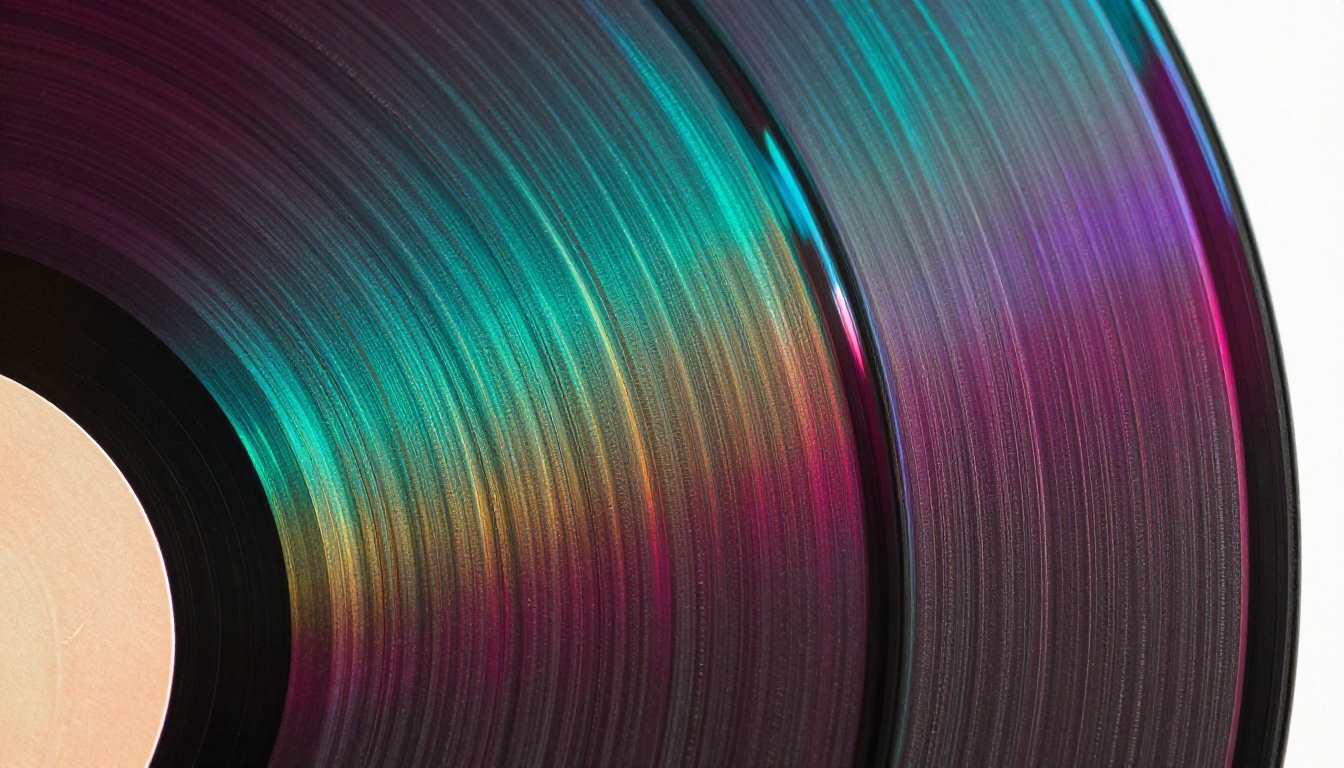 Extreme macro close-up of vinyl record grooves with prismatic iridescent rainbow light refracting in magenta, teal and gold across the surface