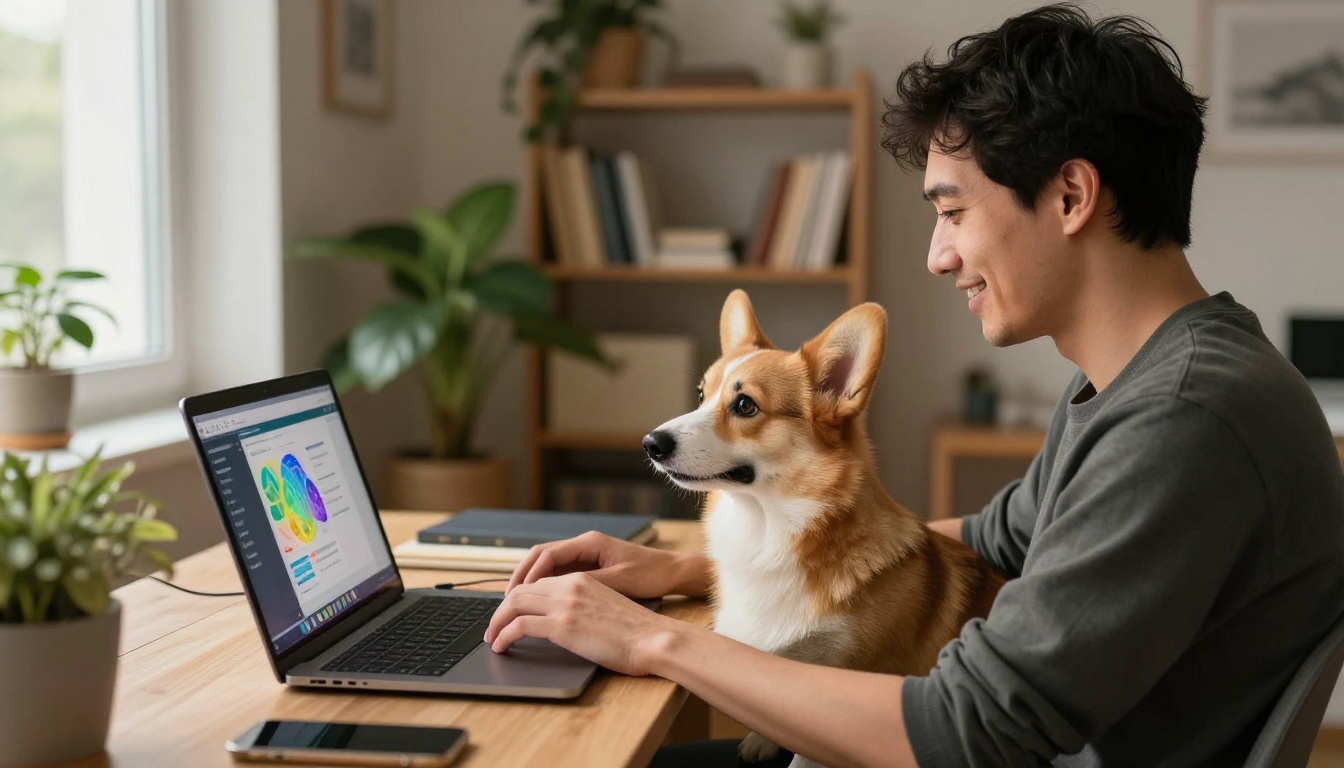 Man working at desk with his corgi dog sitting nearby looking at the laptop screen