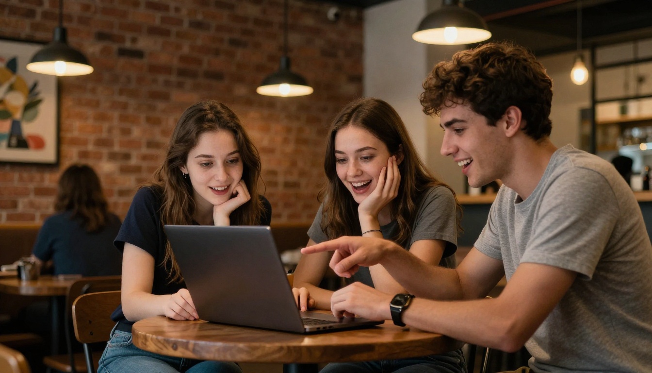 Three young musicians at a coffee shop table leaning toward a laptop with excited expressions, warm pendant lighting, exposed brick walls in background