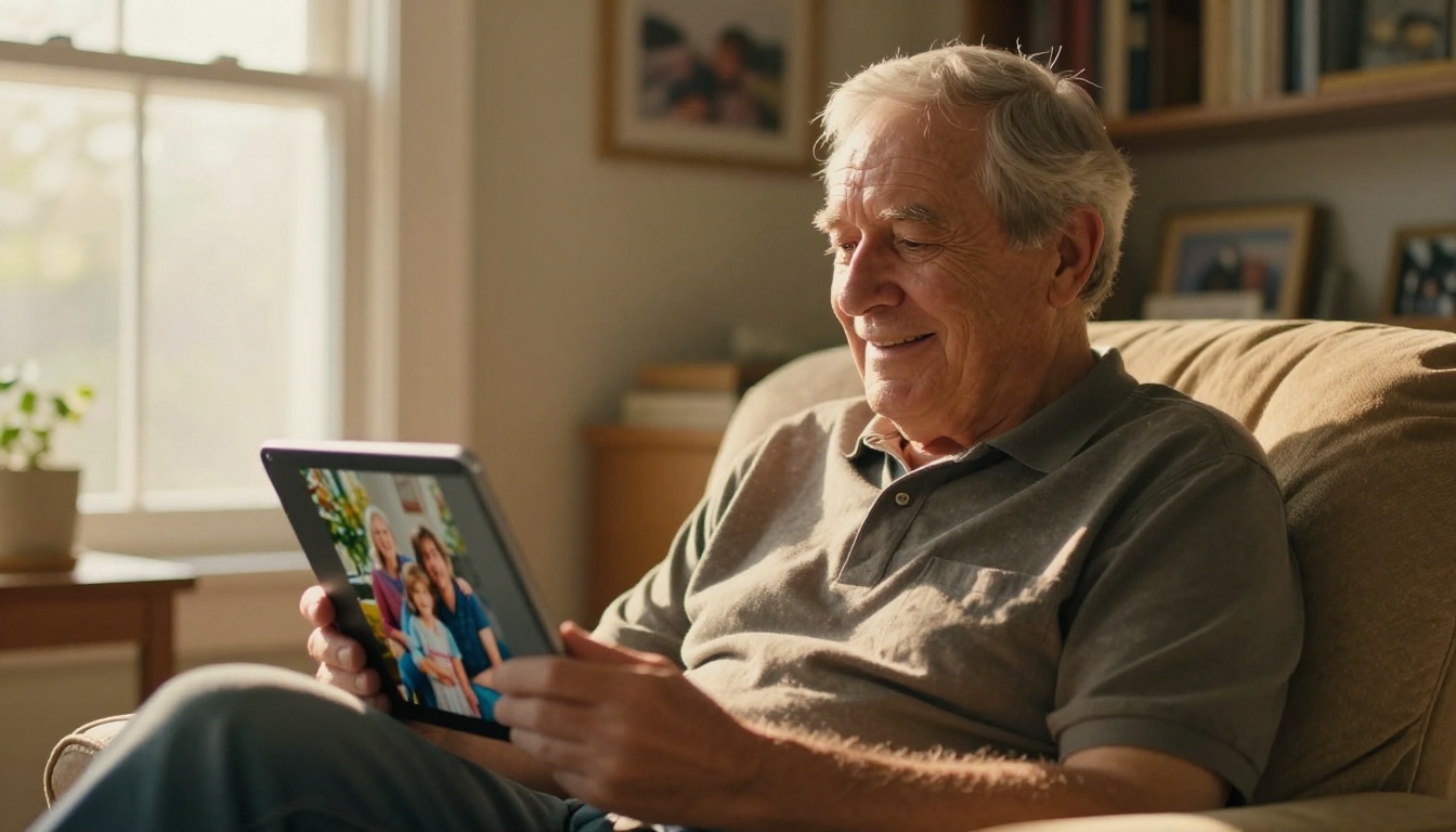 An older man looking at a restored family photograph on a tablet with a warm nostalgic smile