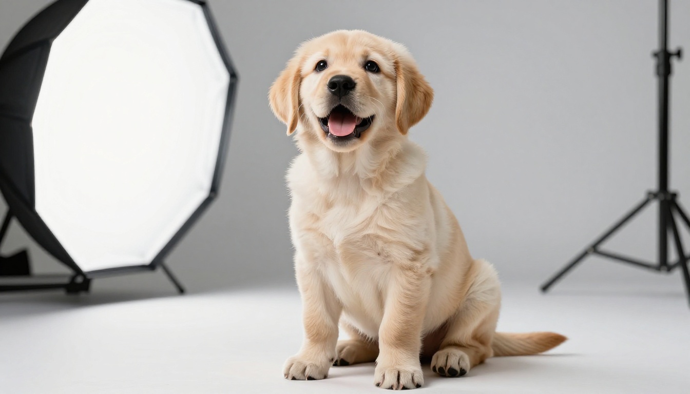 Golden labrador puppy sitting on a white studio backdrop with professional lighting