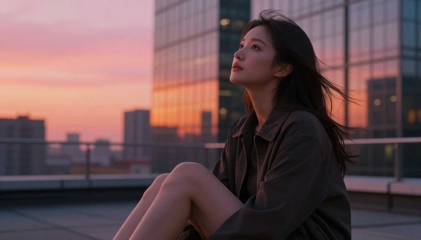 Female singer on a city rooftop at dusk looking skyward, pink and orange sunset colors reflecting in glass skyscrapers behind her, album cover mood
