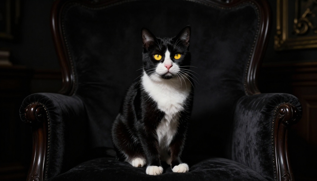 Black and white tuxedo cat sitting on a velvet chair with dramatic spotlight lighting