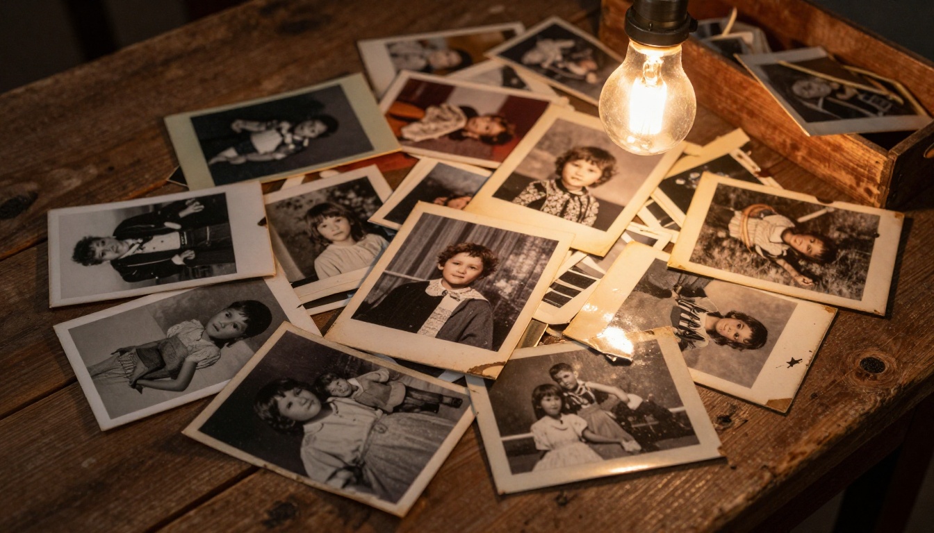 A wooden box overflowing with old deteriorated family photographs on a rustic wooden table A wooden box overflowing with old deteriorated family photographs on a rustic wooden table